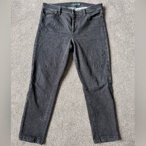 Ralph Lauren Black Skinny Jeans with Tonal Floral Embroidery